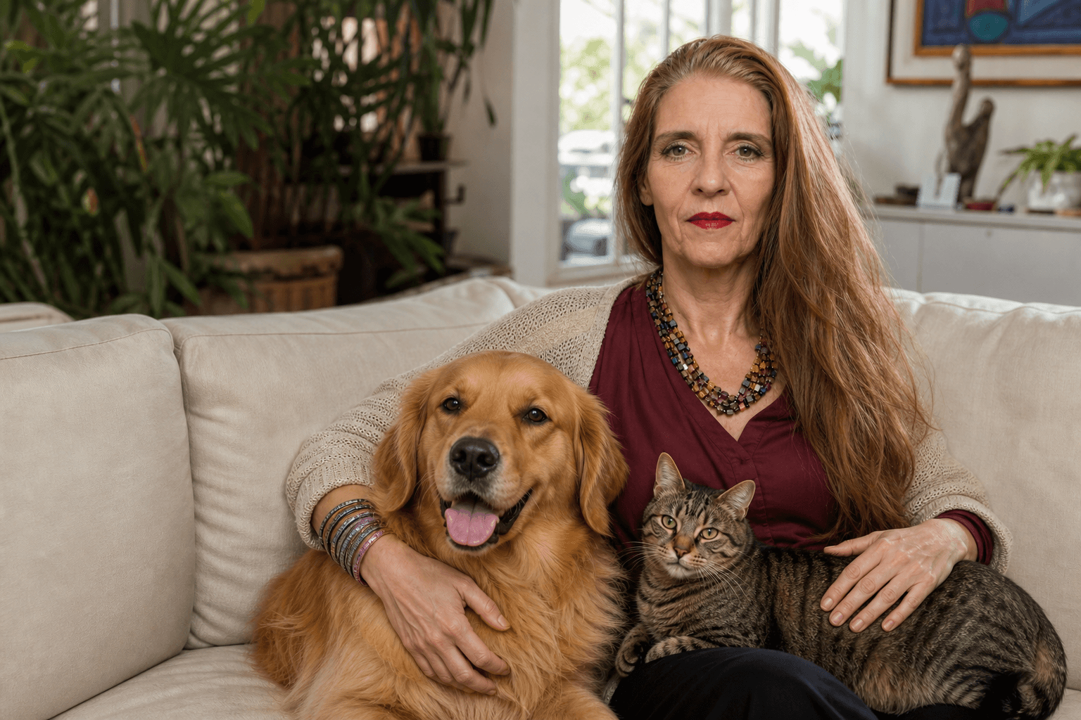 Sylvia cuidando de um cachorro e um gato no conforto de casa